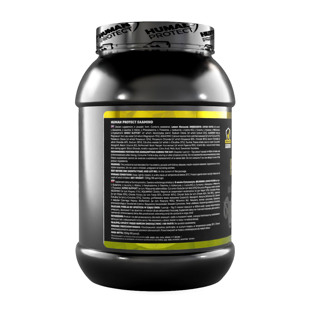 EAAMINO Lemon supplement tub, back label with ingredient information