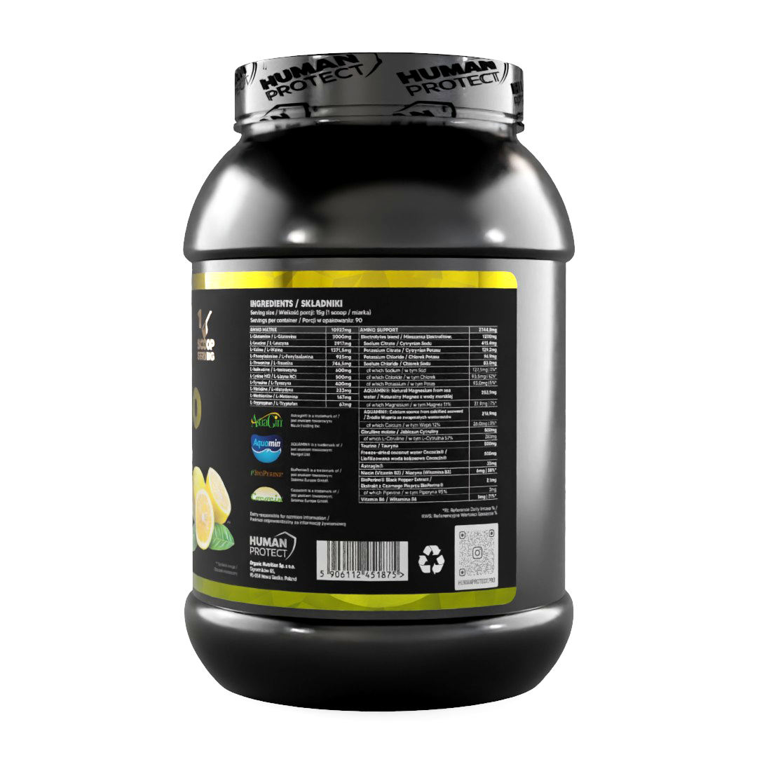 EAAMINO Lemon supplement tub, back label with nutrition facts and barcode