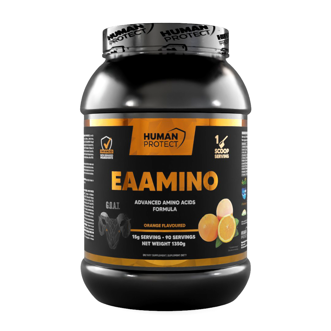 EAAMINO supplement jar with orange-flavored label on a dark container