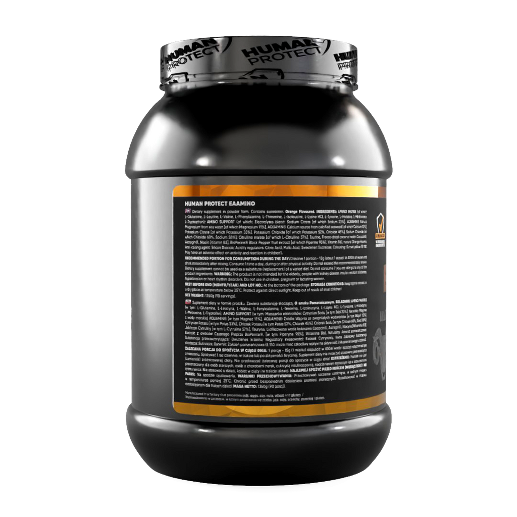 EAAMINO supplement jar back label with ingredient and nutrition text, orange stripe