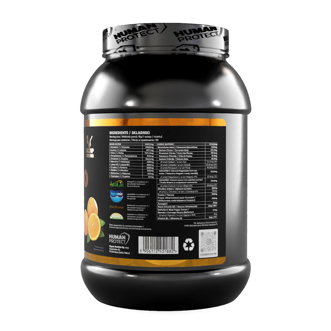 EAAMINO supplement jar ingredients panel with barcode, orange flavor callouts