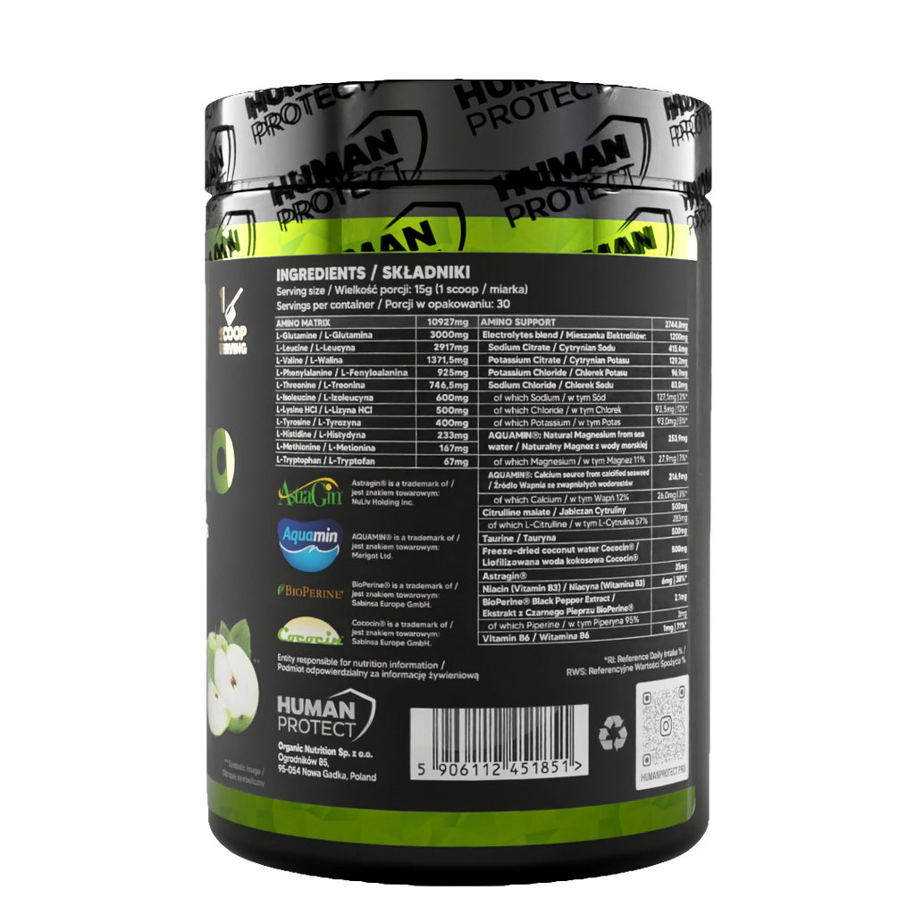 EAAMINO 450g supplement jar—ingredients list panel and barcode