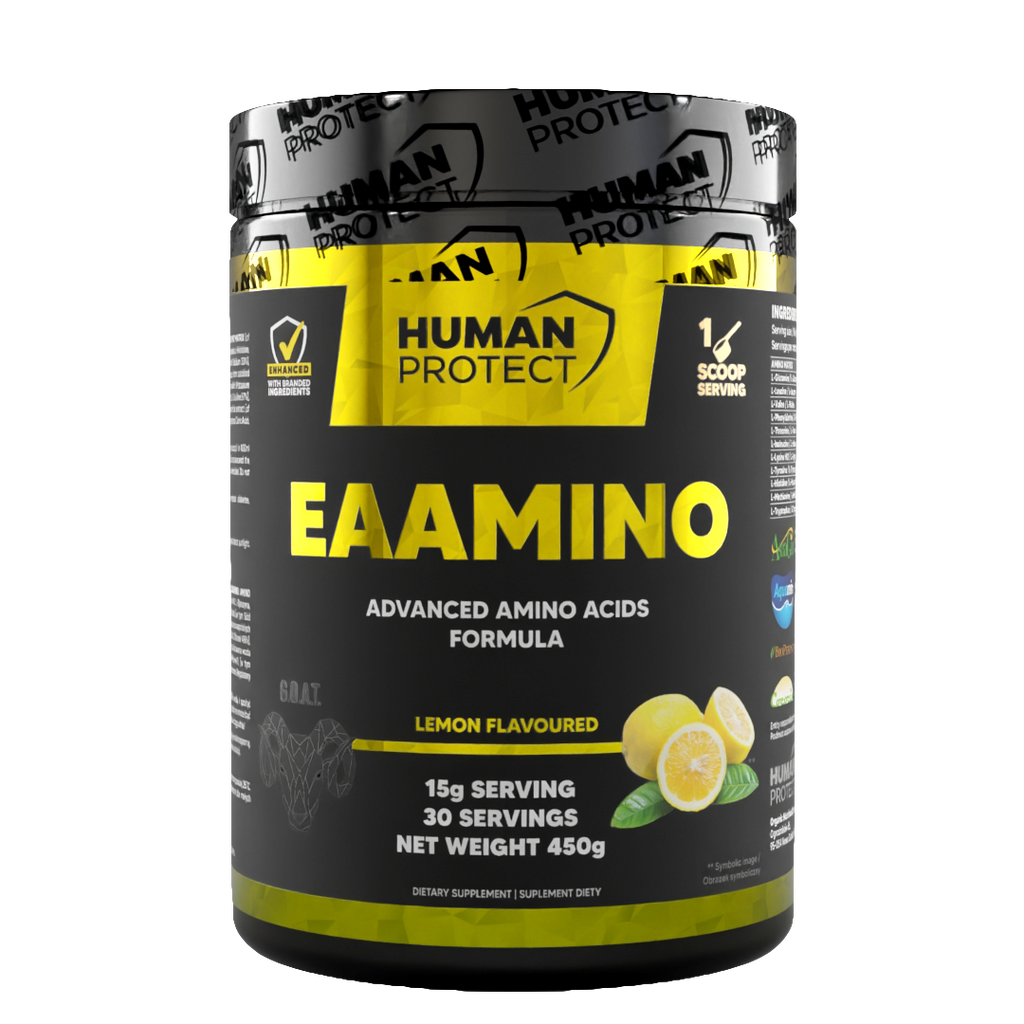 Human Protect EAAMINO 450g powder tub, lemon flavoured, yellow and black label with scoop serving info