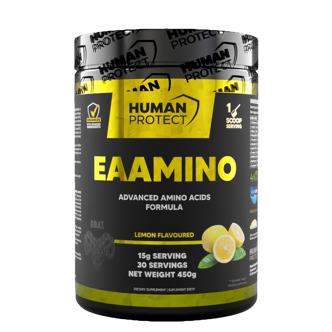 Human Protect EAAMINO 450g powder tub, lemon flavoured, yellow and black label with scoop serving info