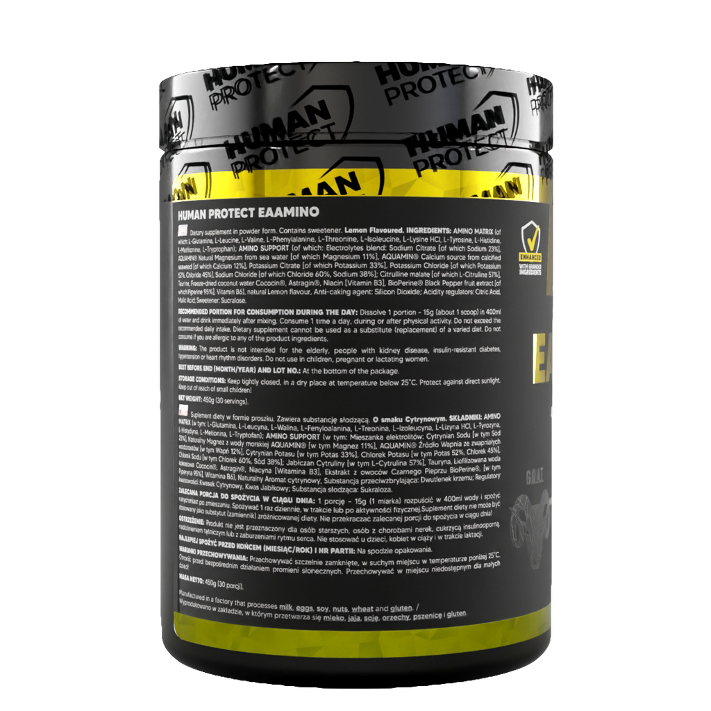 EAAMINO 450g lemon flavoured powder tub back label with usage and ingredient information text