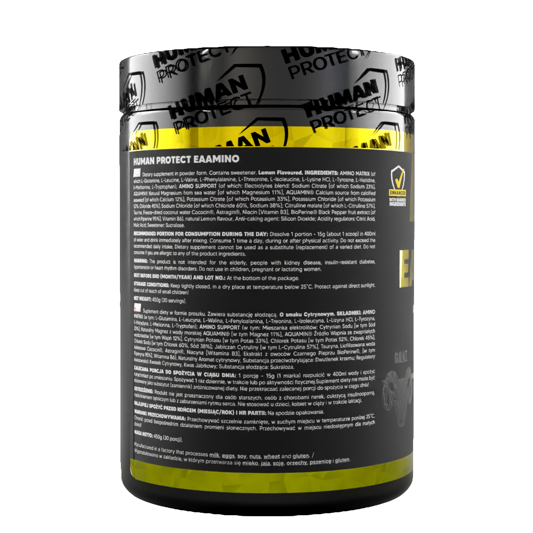 EAAMINO 450g lemon flavoured powder tub back label with usage and ingredient information text