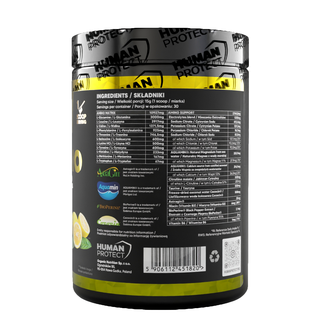 EAAMINO 450g lemon flavoured powder tub side label with ingredients list and barcode