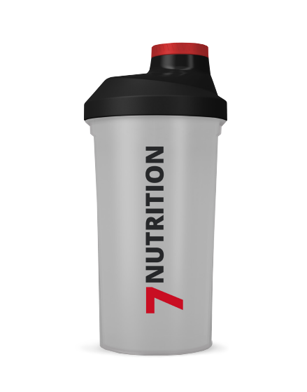 7Nutrition Shaker, transparenter Becher mit schwarzem Deckel und rotem Logo