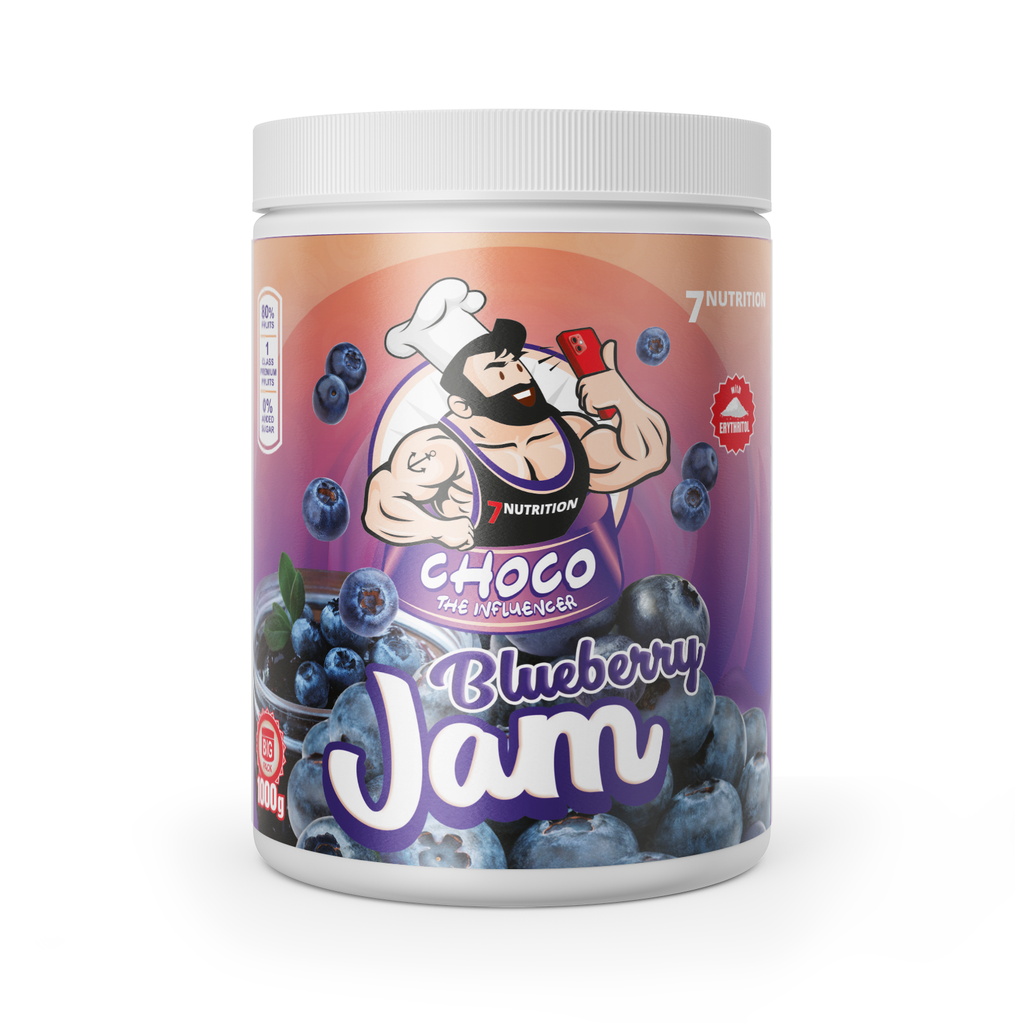Blaubeermarmelade-Glas mit violettem Etikett und Blaubeeren, 1000 g