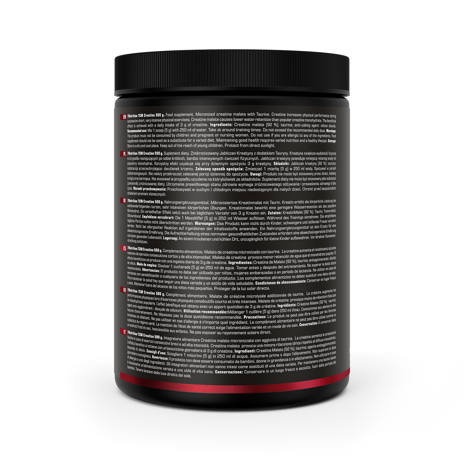 7Nutrition TCM Creatine 500 g jar, back label with usage and ingredient information