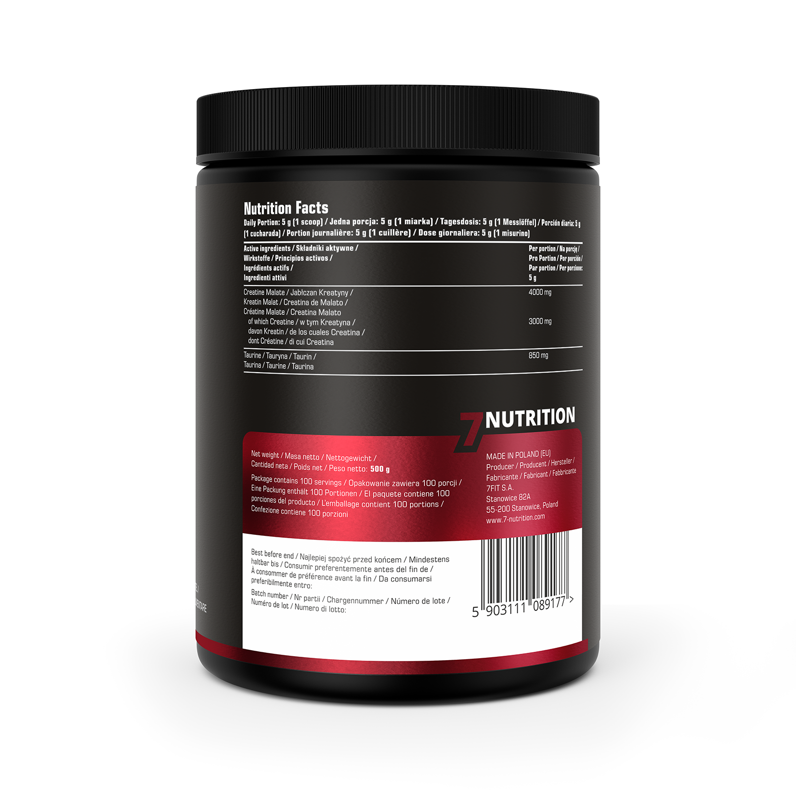 TCM Creatine 500 g nutrition facts panel on back of supplement jar