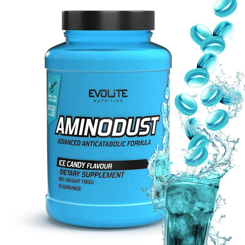 Aminodust Supplementflasche, türkisblau, Etikett mit Ice-Candy-Geschmack, mit Wasserspritzern