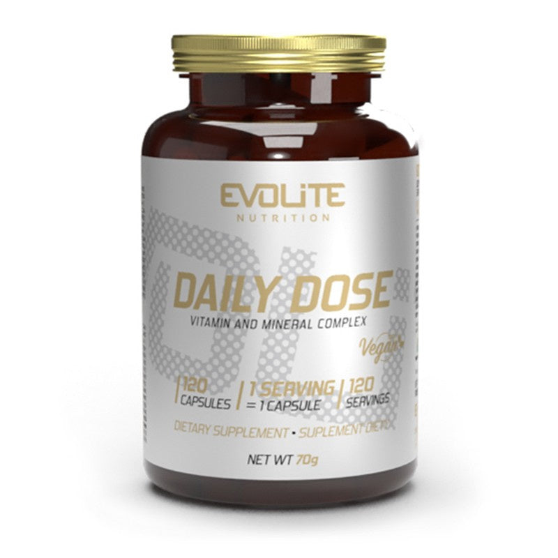 Evolite Daily Dose Kapseln, braunes Glasfläschchen mit goldener Schraubkappe