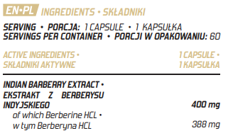 Inhaltsstoffe pro Kapsel: Berberine HCL aus Berberys-Extrakt, ca. 388–400 mg