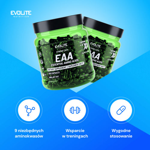 Evolite Nutrition EAA-Kapseldosen, zwei Packungen nebeneinander, grün mit schwarzem Deckel