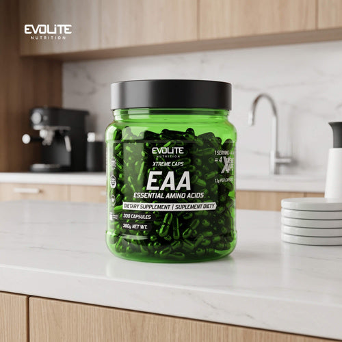 Evolite Nutrition EAA-Kapseldose, grüne Dose mit schwarzem Schraubdeckel