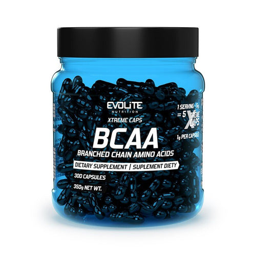 BCAA Kapseldose mit schwarzem Deckel, blauem Etikett und Beschriftung