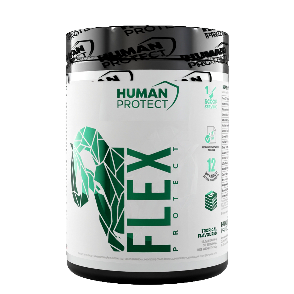 Nahrungsergänzungsmittel-Dose mit grünem „Human Protect“-Logo und Tropen-Aroma-Hinweis