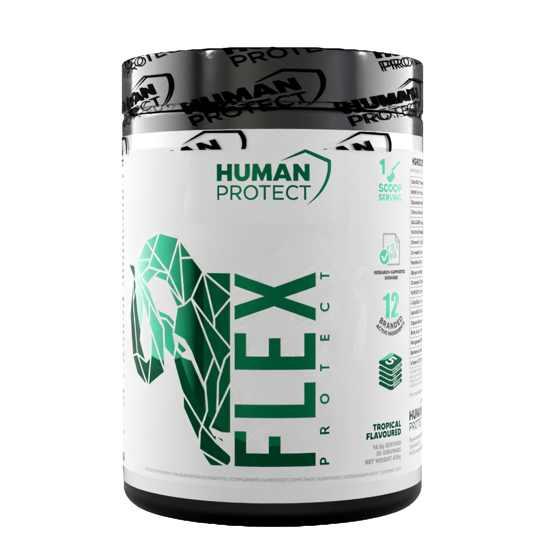 Nahrungsergänzungsmittel-Dose mit grünem „Human Protect“-Logo und Tropen-Aroma-Hinweis