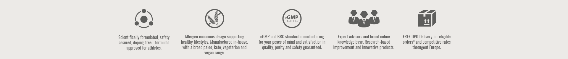 Nutrition and quality certification icons row with compliance and safety badges