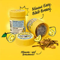 Gelbe FOQUZ Lemon Breezy Flasche mit geöffnetem Deckel