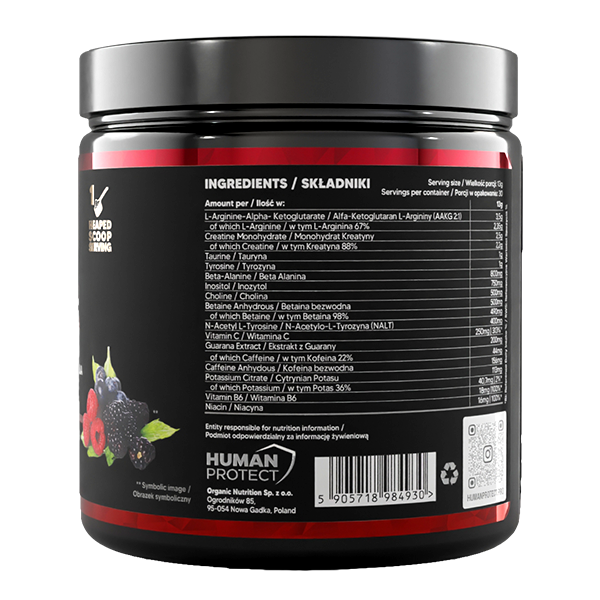 Ingredients panel on G.O.A.T. forest berries tub, nutrition table and barcode