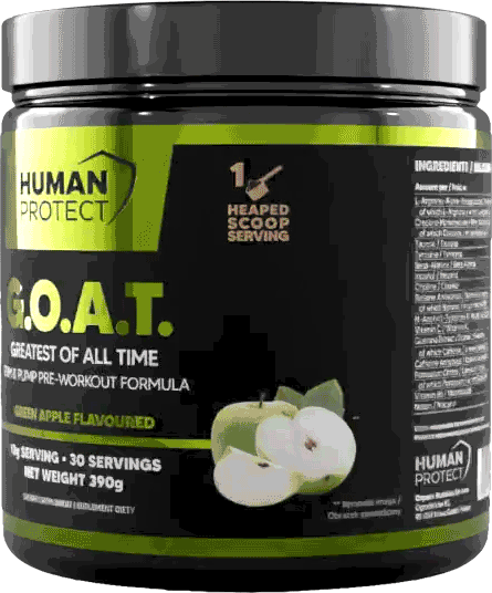 Human Protect G.O.A.T. 390g Pineapple Pre-Workout-Jar mit grünen Apfelmotiven