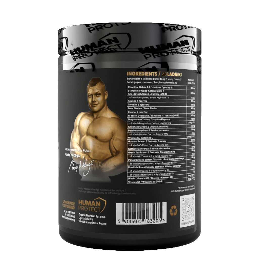 Human Protect G.O.A.T 400g Lemonade tub, back label ingredients panel and barcode