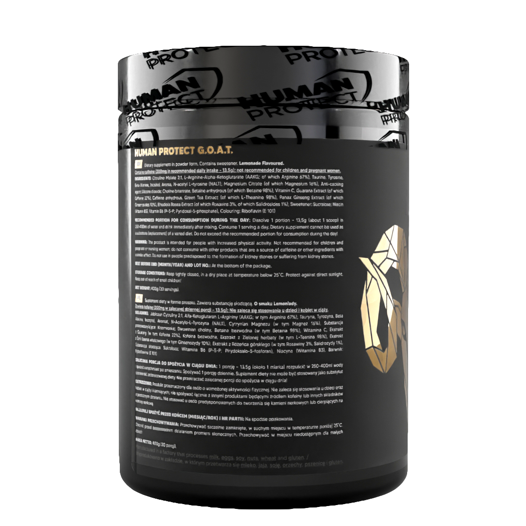 Human Protect G.O.A.T 400g Lemonade tub, side text with usage and nutrition details