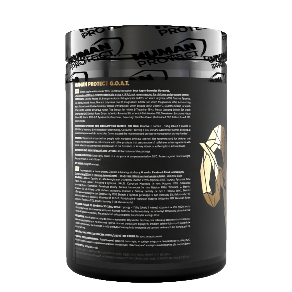 Back of G.O.A.T Sour Apple gummies supplement tub with usage and ingredients text