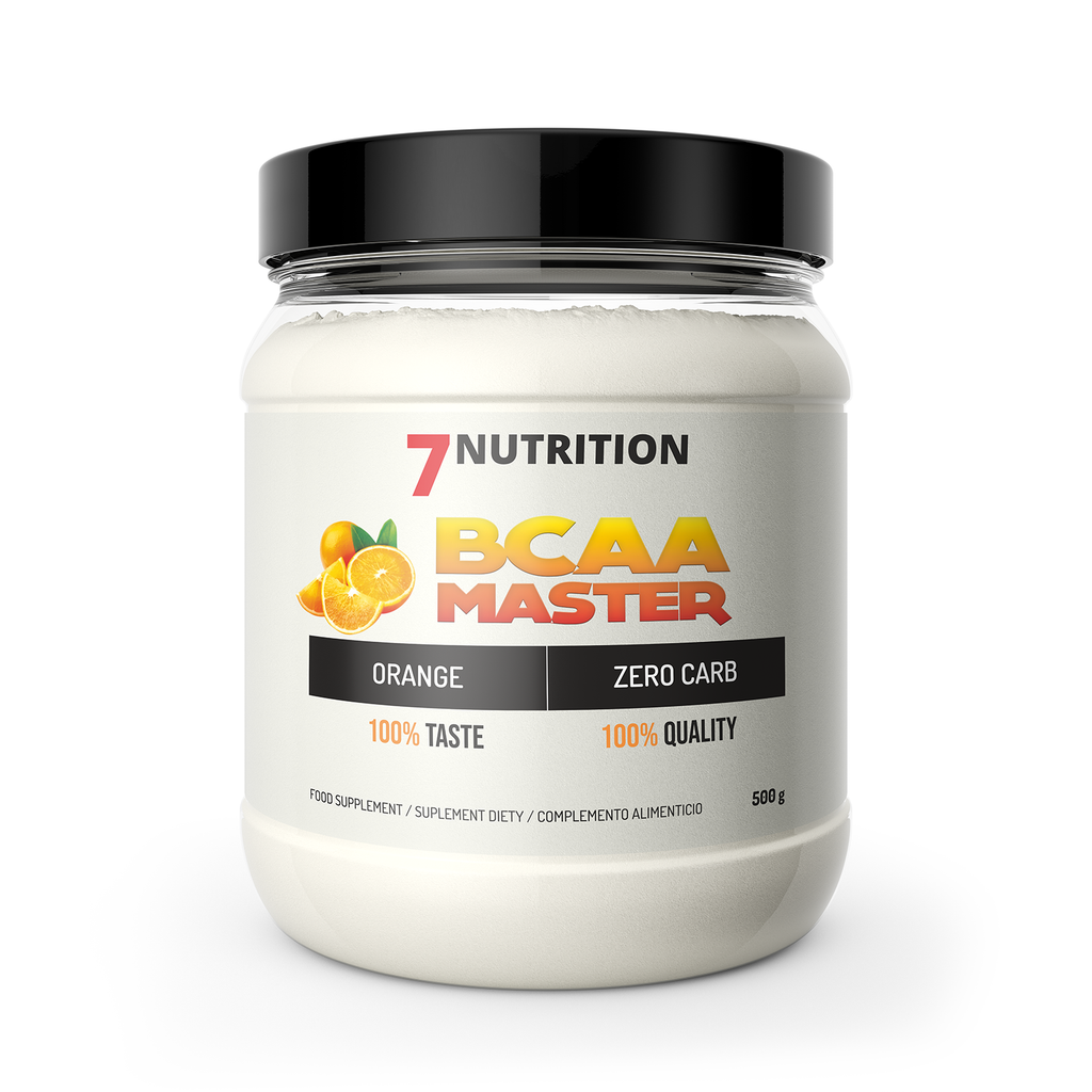 BCAA-Nahrungsergänzung in Dose mit schwarzem Deckel, Orange-Flavor-Aufdruck vorne