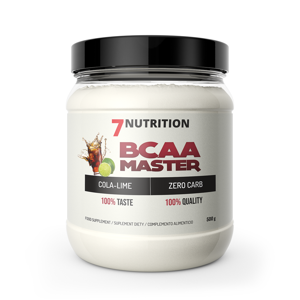 Nahrungsergänzung-Dose mit schwarzem Deckel, weißem Etikett „BCAA MASTER“, Cola-Lime