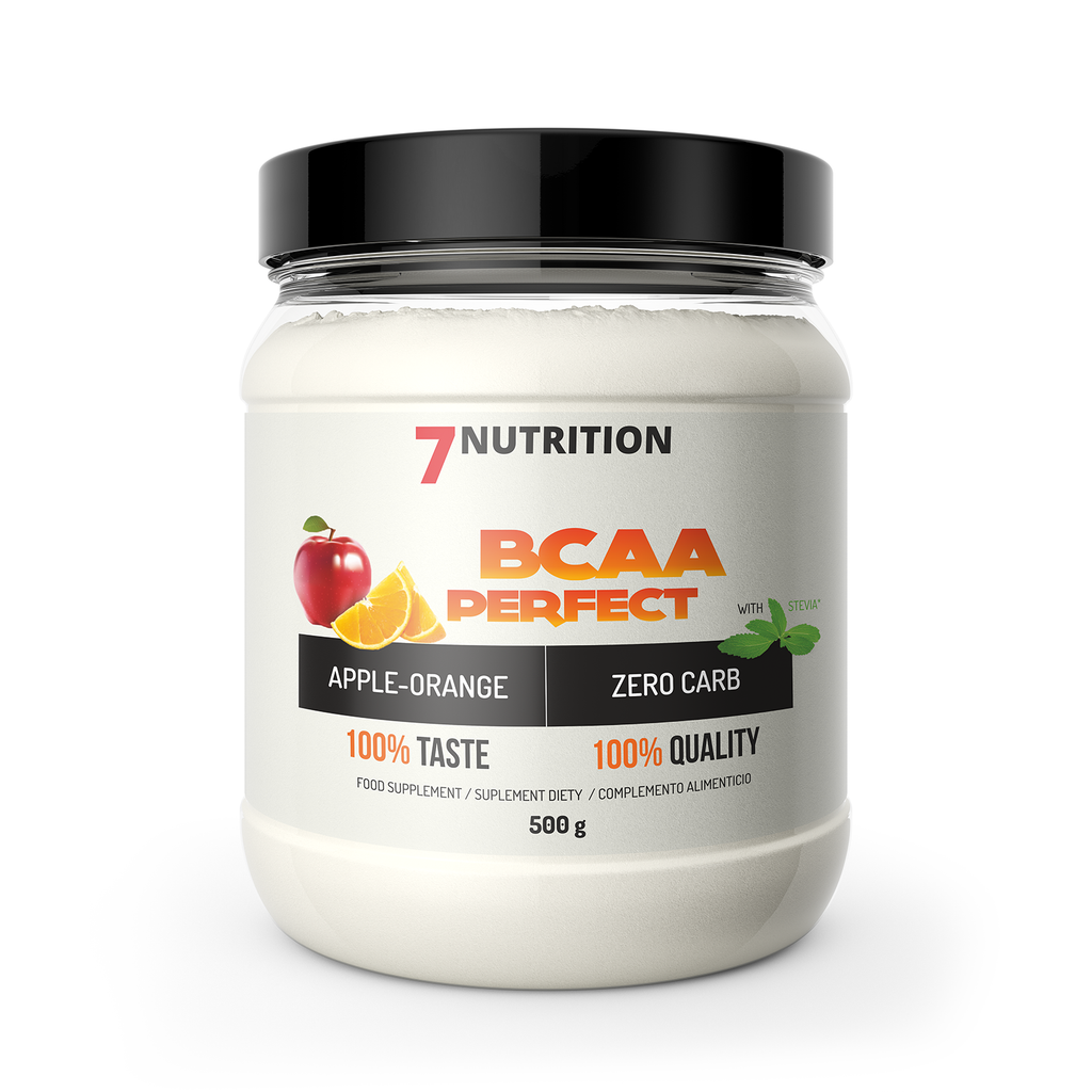 BCAA Perfect Pulverdose 500 g mit schwarzem Deckel und Frontetikett (Apfel-Orange)