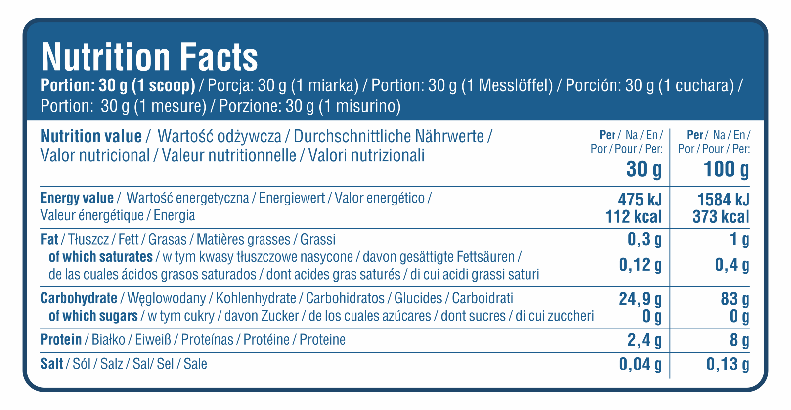 Nutrition Facts panel for Natural rice cream, 30 g serving and per 100 g values