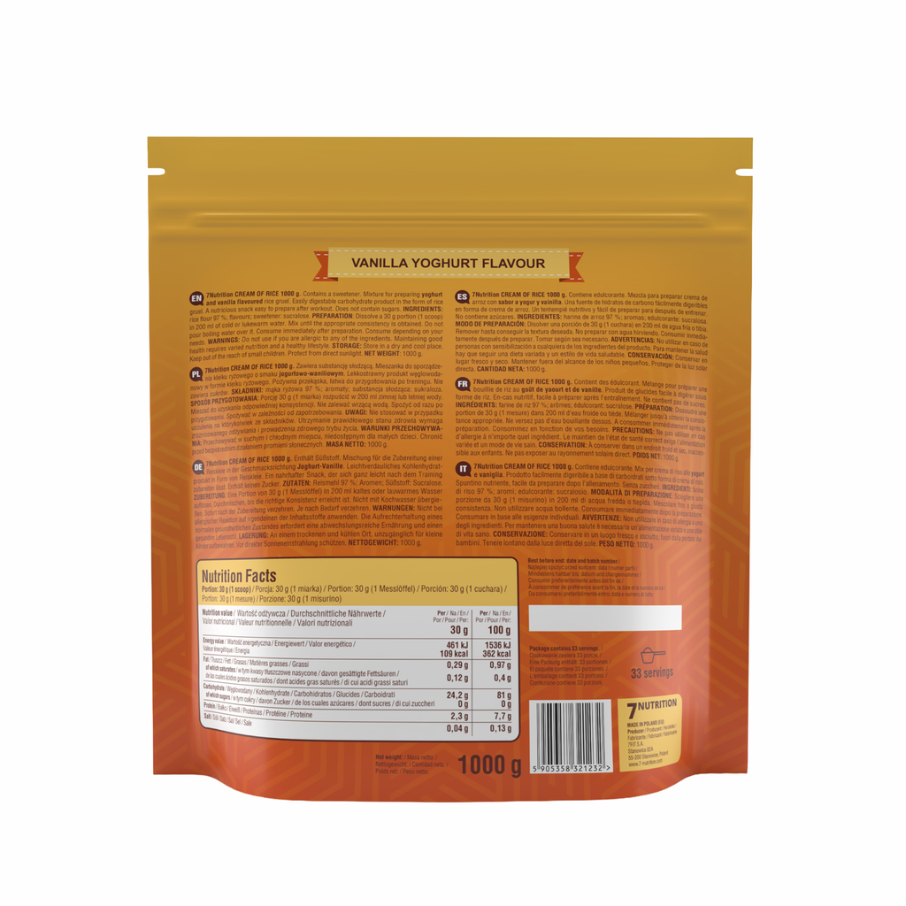 Back label of 1000g cream of rice pouch, vanilla yogurt flavor, ingredients