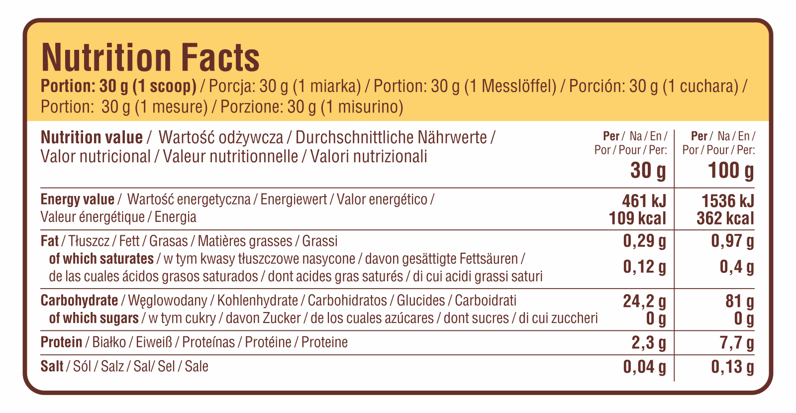 Nutrition Facts panel for vanilla yogurt cream of rice, per 30g and 100g