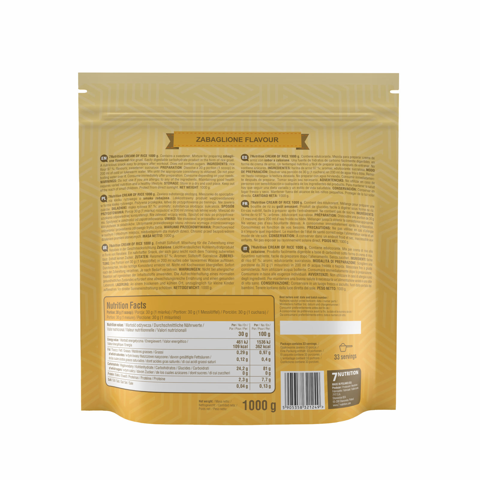 Back of 7Nutrition Cream of Rice pouch, Zabaglione flavour, 1000g