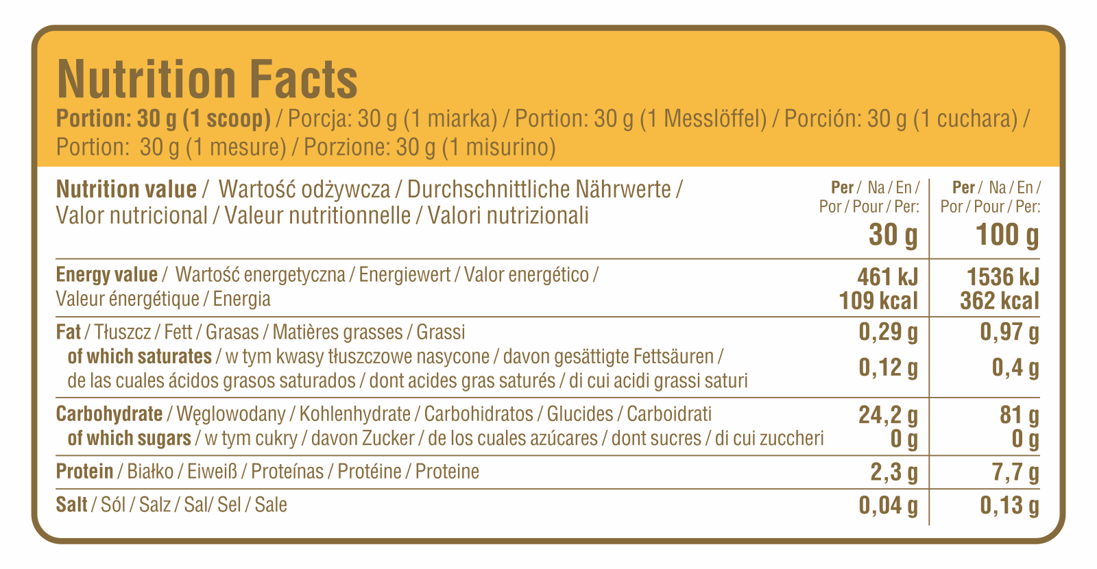 Nutrition facts panel for Cream of Rice, Zabaglione flavour, per 30 g and 100 g
