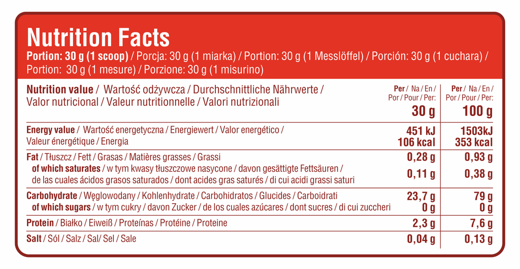 Nutrition facts panel for apple pie cream of rice: 30 g and 100 g