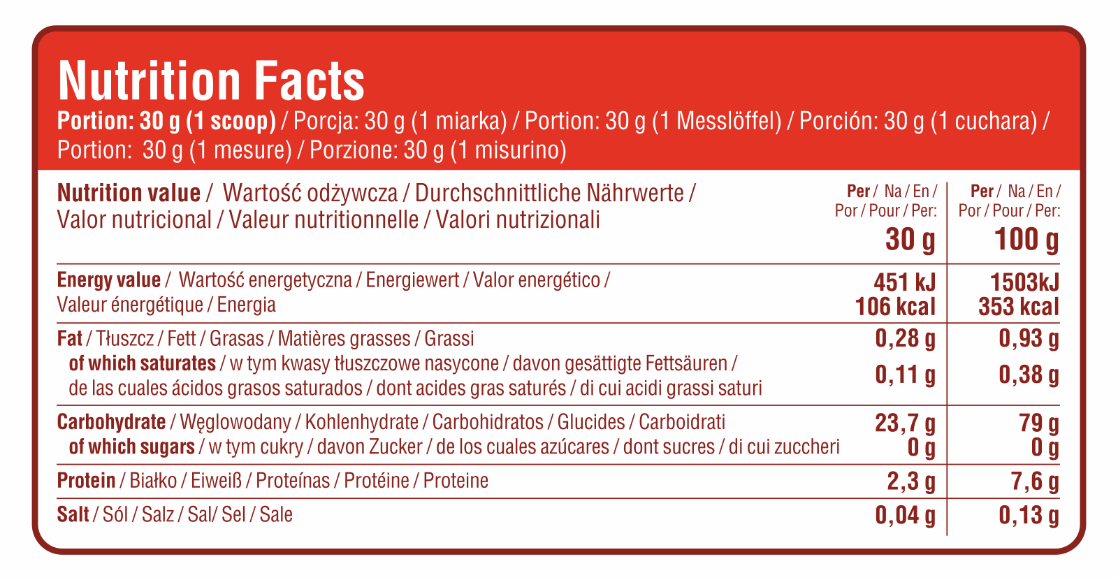 Nutrition facts panel for apple pie cream of rice: 30 g and 100 g