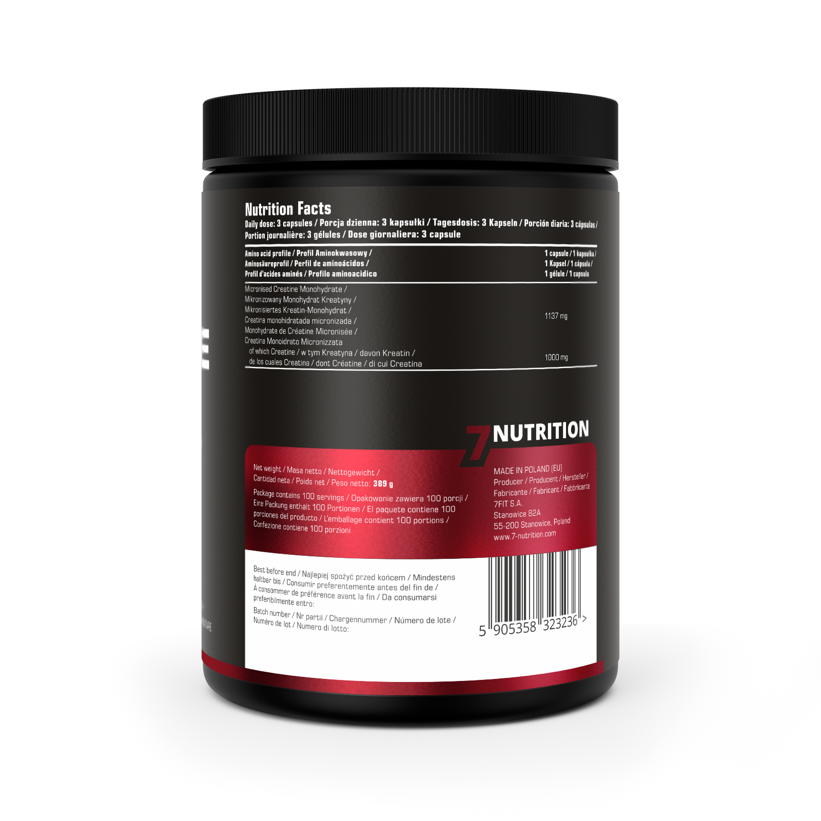 Creatine Pure 300 Kapseln, Etikett mit Nutrition Facts und Herstellerangaben