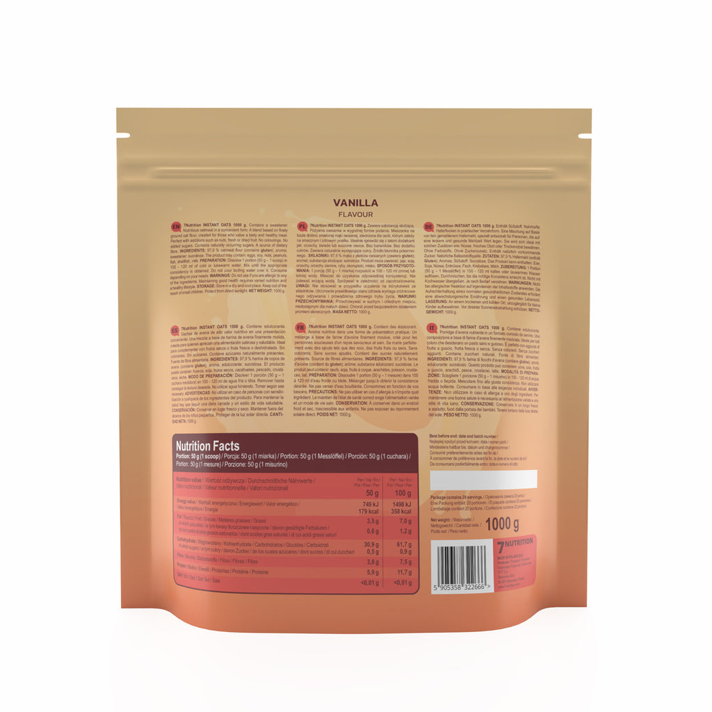 7Nutrition Instant Oats Vanille, Rückseite mit Zutaten- und Nährwertangaben