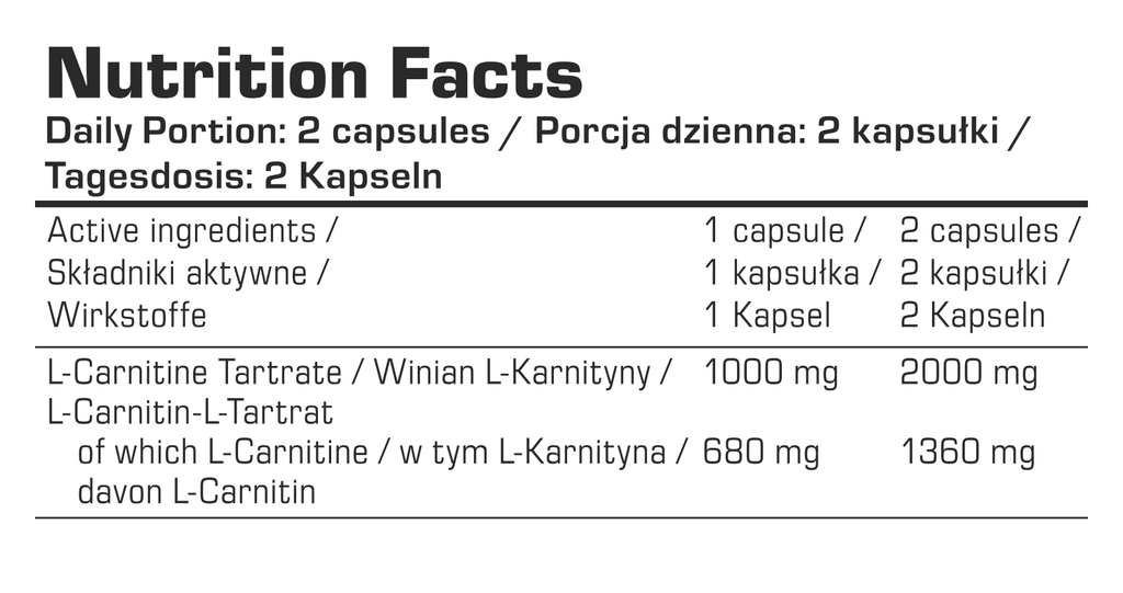 Nutrition Facts: Tagesdosis 2 Kapseln, L-Carnitine Tartrat 1000 mg pro Kapsel