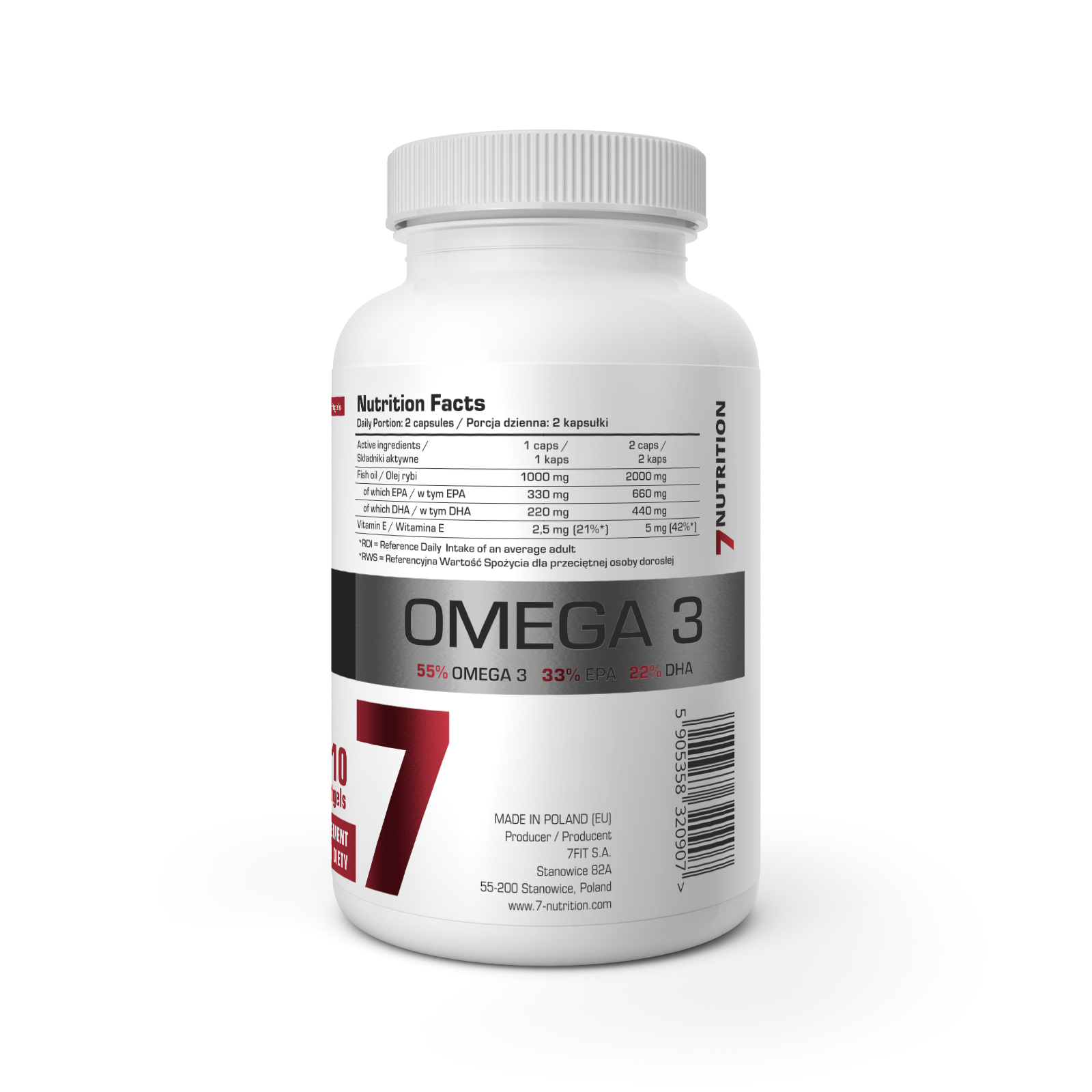 Omega-3-Fischöl Dose von 7Nutrition mit „Nutrition Facts“ Rückseitenetikett