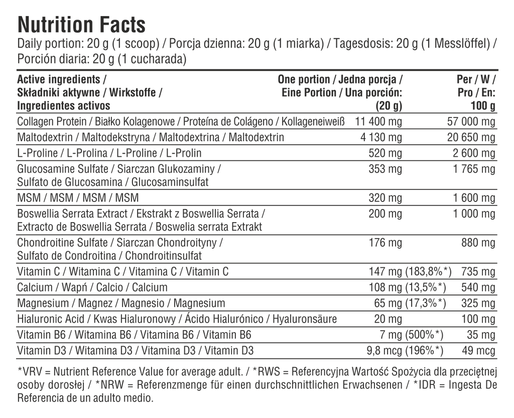 Steel Joints Drink, Etikett-Text und Nährwerte, detaillierte Tabelle
