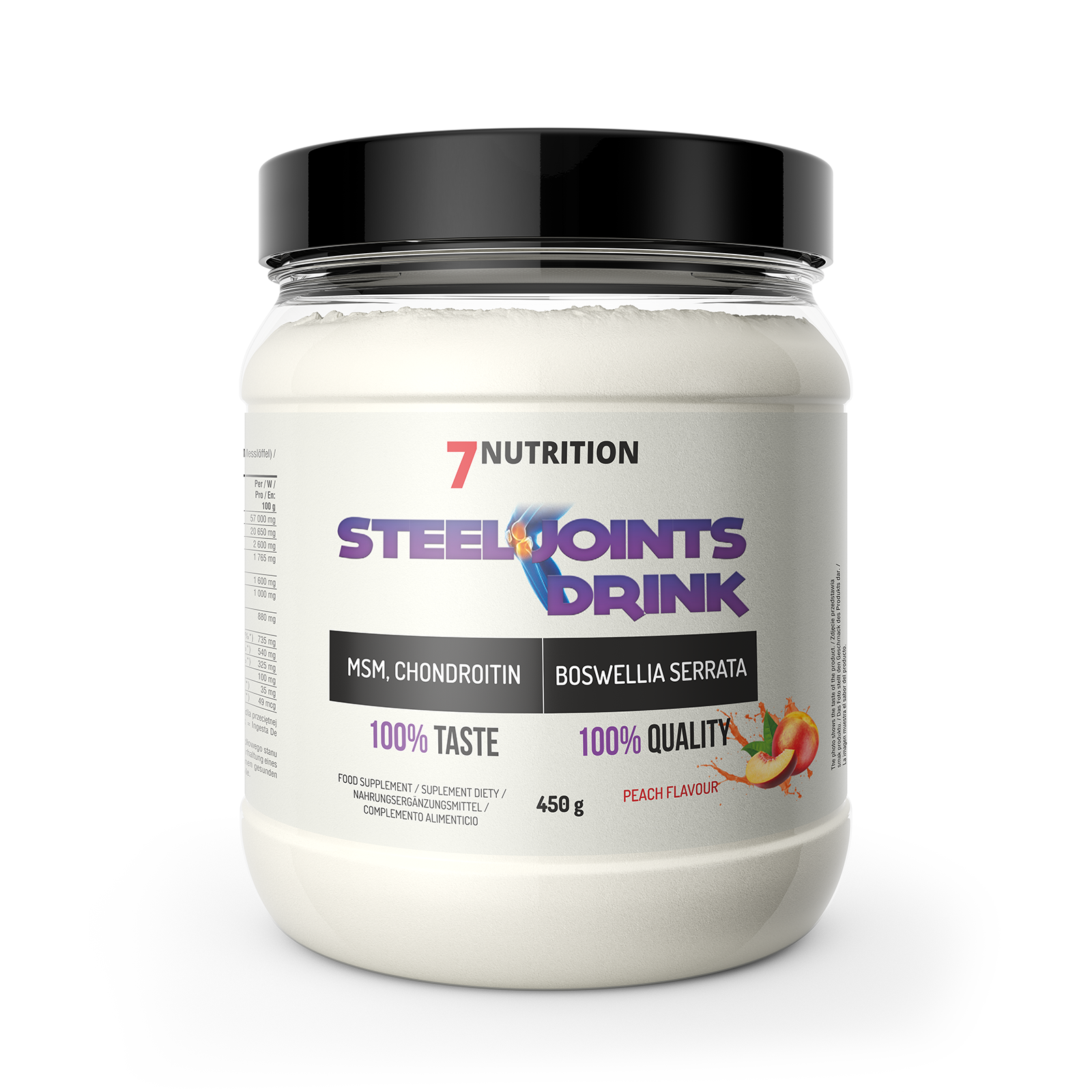 Steel Joints Drink 450g peach-flavour powder jar, front label and ingredients