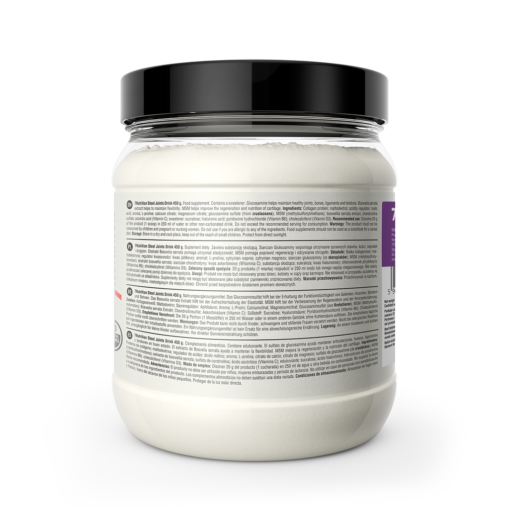Steel Joints Drink 450g lemon-flavour tub with back label text