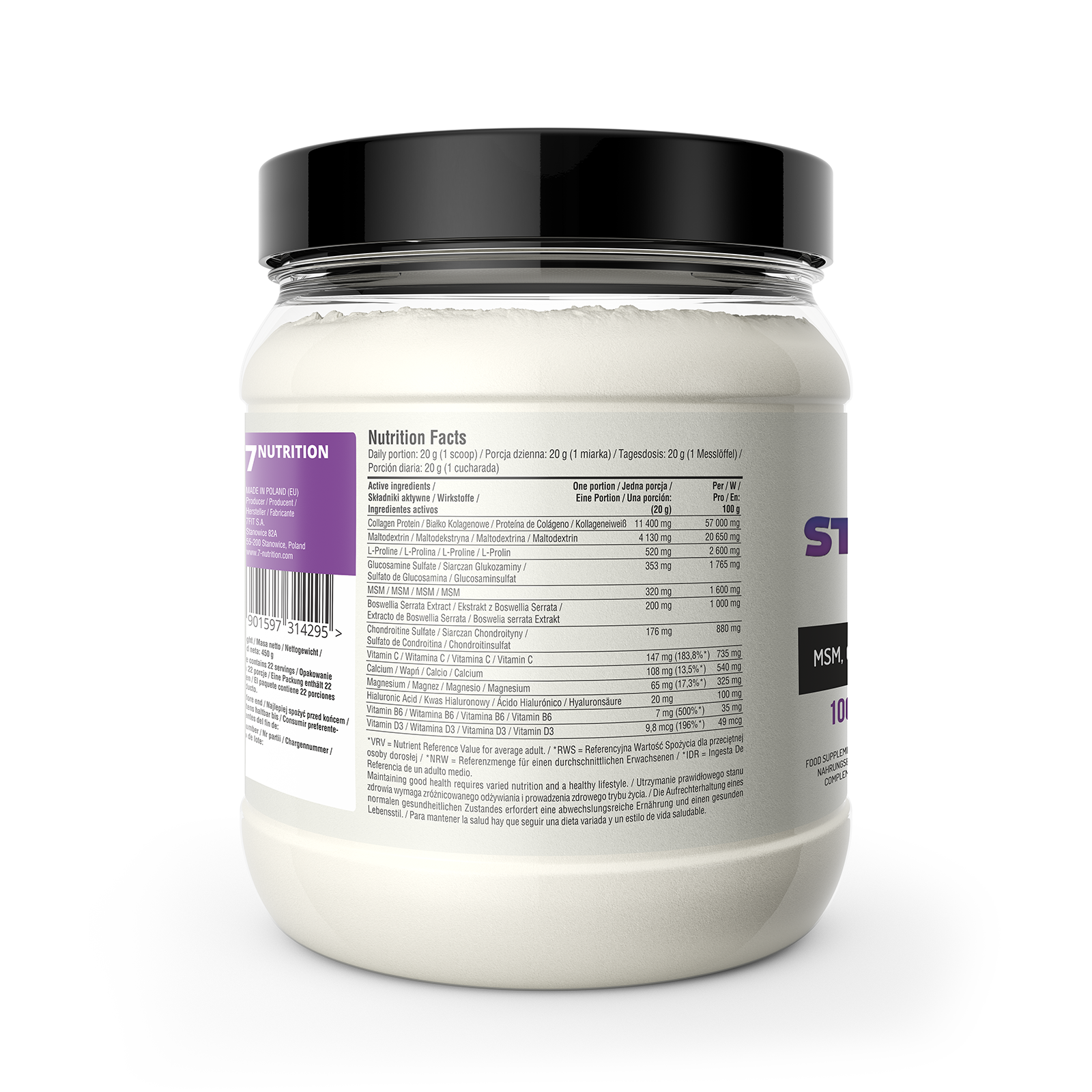 Steel Joints Drink 450g lemon-flavour: Nutrition Facts panel on jar