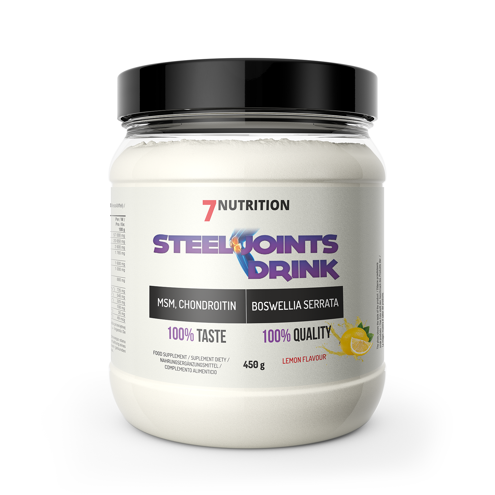 Steel Joints Drink 450g lemon-flavour supplement tub with front label