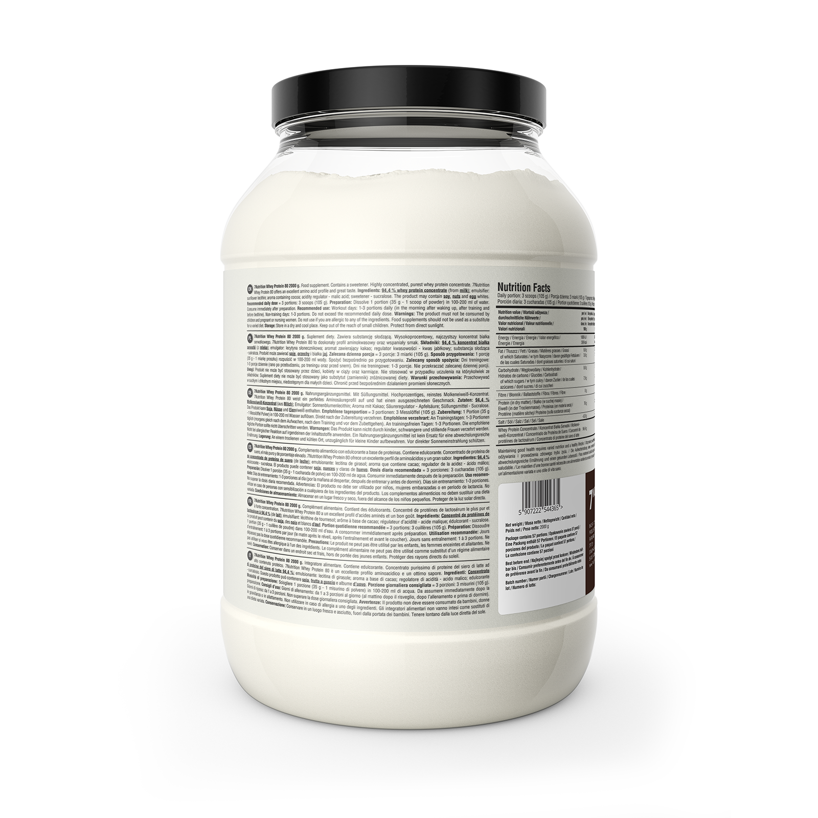 Whey Protein 80 chocolate tub, 2000 g, ingredients and label text on back